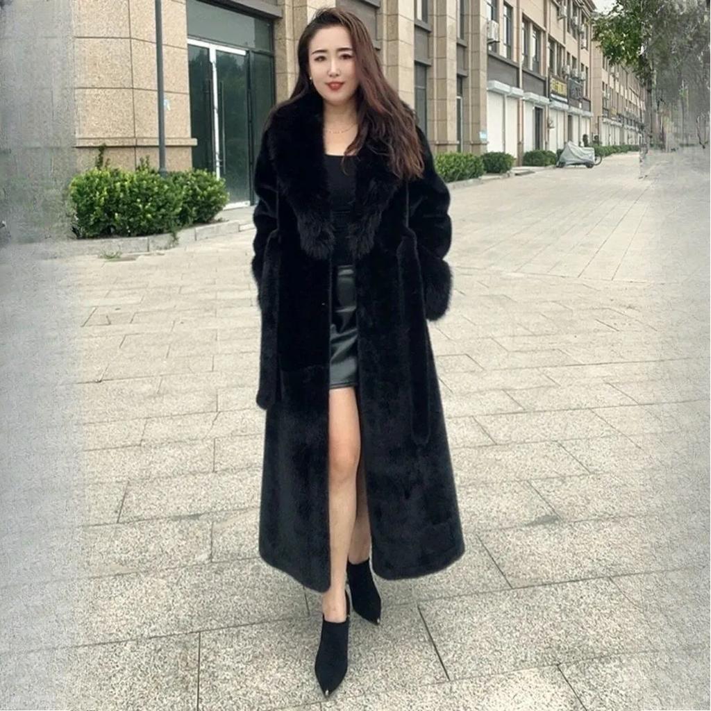 Fur Collar Lace-up Imitation Cashmere Jacket Women's Autumn and Winter High-end Mid-length Thickened Jacket Coat
