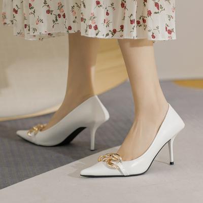 Heel Square Single Shoes Women's 2025 Spring and Summer New European and American Metal Chain Thin Heel Pointed Fashion Shoes Professional High Heel