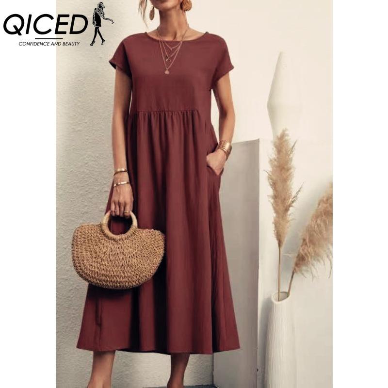 QICED Women's Fashion Summer Spring Solid Color Print Short Sleeve O-Neck Casual Dresses
