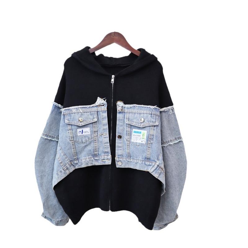 Autumn and winter new splicing denim knitted cardigan women's hooded loose sweater jacket temperament commuting