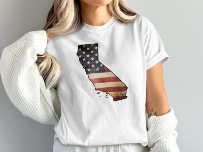 Distressed California American Flag T-Shirt, Patriotic USA Outline