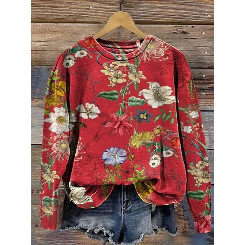 Ladies' Floral Print Round Neck Long Sleeved T-shirt Fashionable Casual Top Christmas Outfit Pullover Clothing