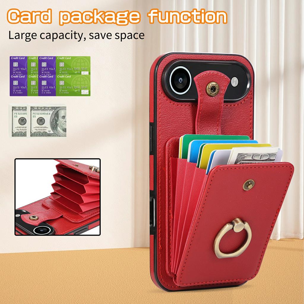 For iPhone Air Case Card Holder Ring Kickstand TPU + PU Leather Phone Cover with Long Strap