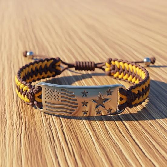 Patriotic American Flag Bracelet Engraved Metal Centerpiece Adjustable Knot Design Wristband Patriotic Accessory