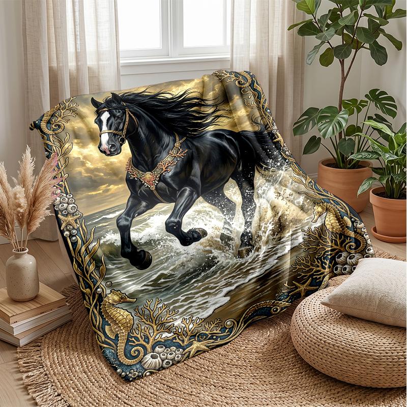 Oceanic Horse Majesty Theme Blanket Lightweight Warm Flannel Blanket Decorative Throw Blanket for Home Decoration