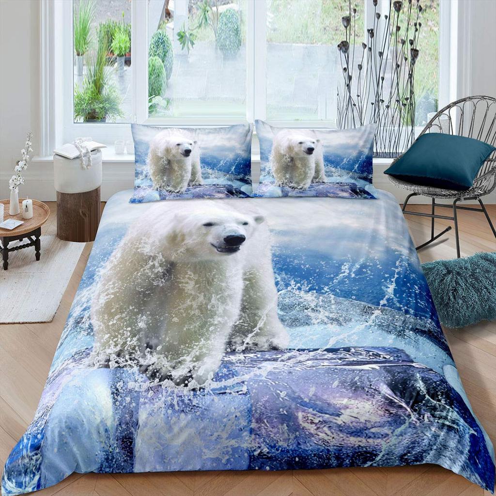 Bear Pattern Bedding Set Polar Bear Duvet Cover for Child Adult,White Bear Snow Mountain Sunset Soft Microfiber Comforter Cover