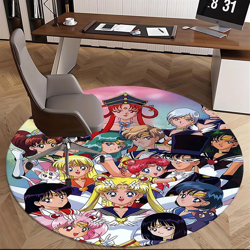 1 Stück Sailor Moon Anime Runder Teppich Bürostuhlmatte, Rutschfeste Matte für Heimdekoration, Saisonales Geschenk, Geeignet für Büro, Wohnzimmer