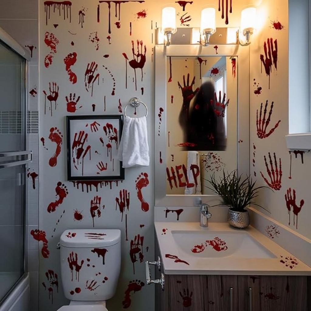 Halloween Wall Doors Windows Stickers Blood Handprint Footprint Skull Pattern Halloween Party Scene Decor Supplies Horror Props