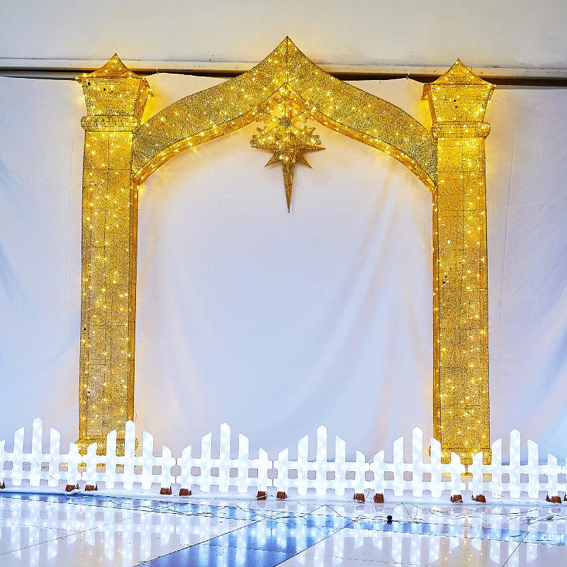 Golden Arch Christmas Manger Set: Illuminated Ornaments for Holiday Displays and Outdoor Decorations.
