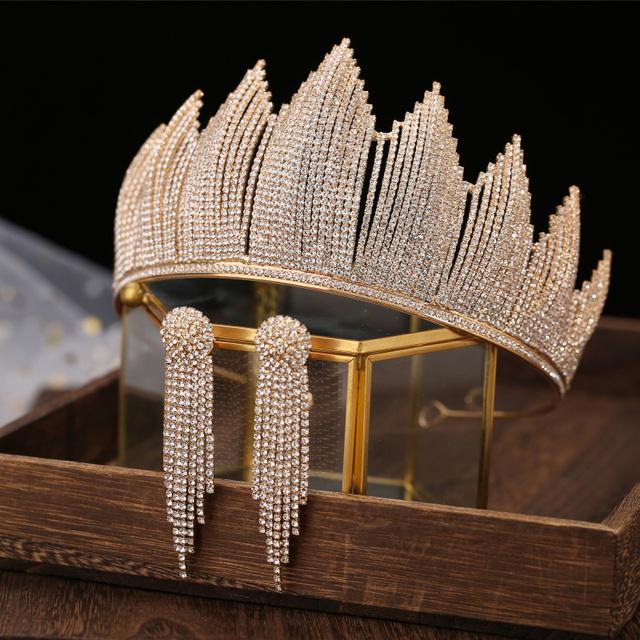 Baroque Silver Color Crystal Bridal Tiaras Crown With Earrings Rhinestone Pageant Diadem Luxury Wedding Hair Accessories Bijoux