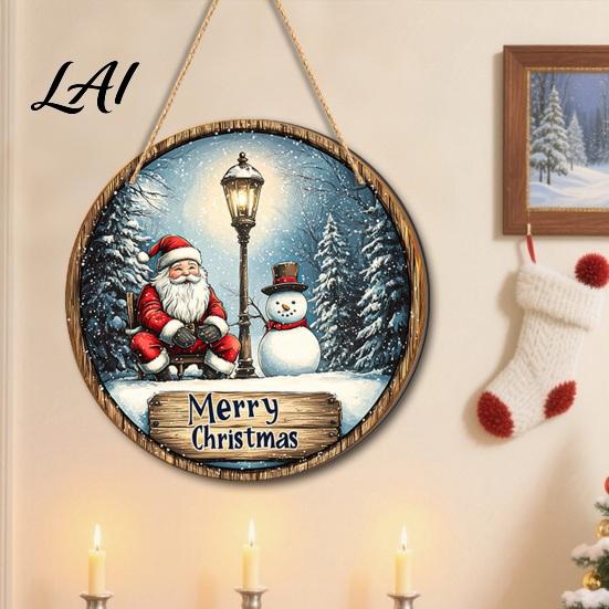Christmas Tree Hanging Wood Decor Santa Wooden Round Wall Decor Vintage Ornaments Party Supplies Sign for Door Window Wall Farmhouse Holiday