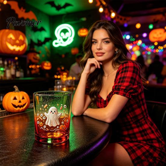 Bicchieri per Whiskey, Succo e Soda Halloween Fantasma Bicchiere, Tumbler Estetico Gradiente Colorato con Carino Motivo Teschio Tumbler Stampa Zucca, Festa Spettrale