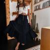 Long Skirts Women Spring Summer Elastic High Waist Jean Skirt Ladies Vintage A-Line Ruffle Pleated Denim Skirts