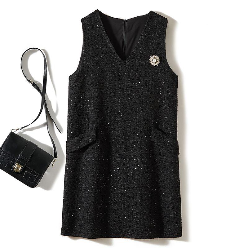 

Harajuku Fan Women V-neck Sleeveless Wool Black Slimming Vest Skirt Autumn and Winter Base Skirt Dress Send Brooch Black XL