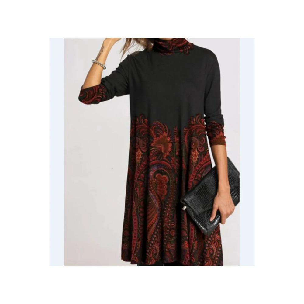 

Весенне-осенняя женская мода с принтом, полувысоким воротом, длинными рукавами, свободное платье, женское платье в стиле ретро с принтом в уличном стиле 5XL