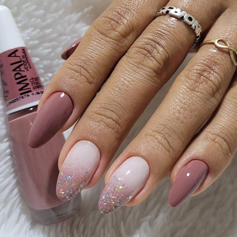 Purple fine flash gradual change gentle retro versatile white ins European and American style almond nail piece 24 pieces