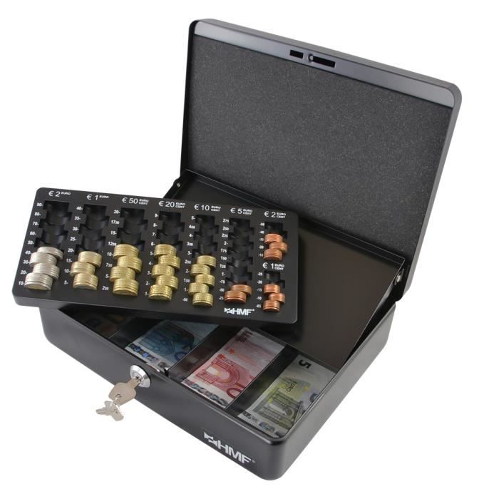 Caisse à monnaie - hmf - 10015-02 - noir - 30 x 24 x 9 cm - 4 compartiments billets