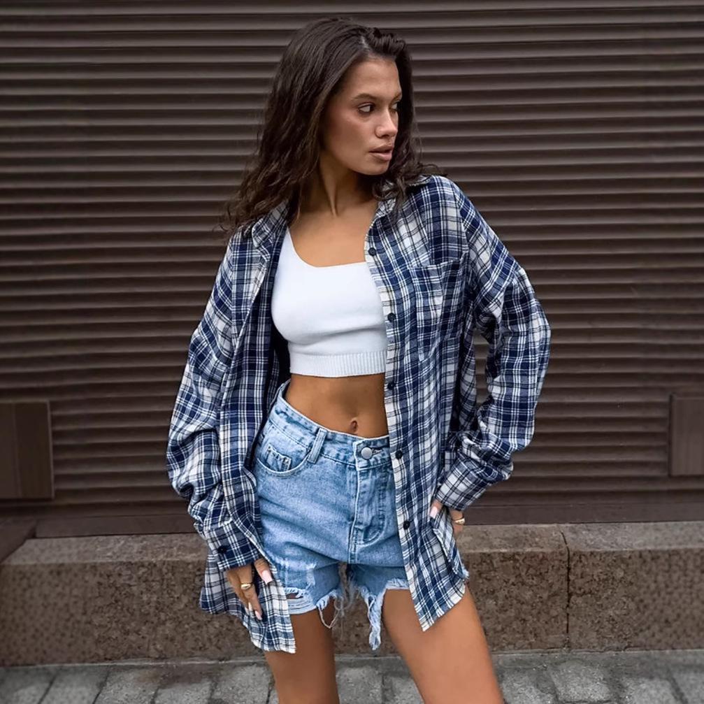 Women's Versatile Plaid Turn-Down Collar Blouse - Loose Fit, Long Sleeve, with Pockets, European & American Style, 2025 Collection.
