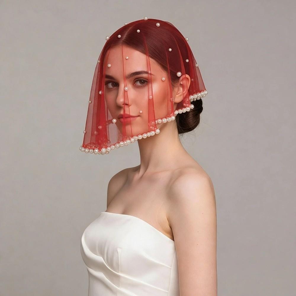 Einfarbige Perlen Perlen Brautschleier Weiß Schwarz Rot Hochzeitschleier Kurz Braut Kopfschleier Party