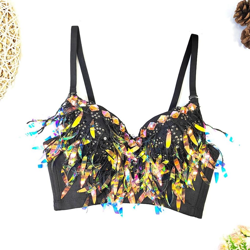 Yushutiff Strass Pailletten Korsett BH Rave Bustier Weibliche Nachtclub Kleidung Party Ärmellose Westen Crop Top
