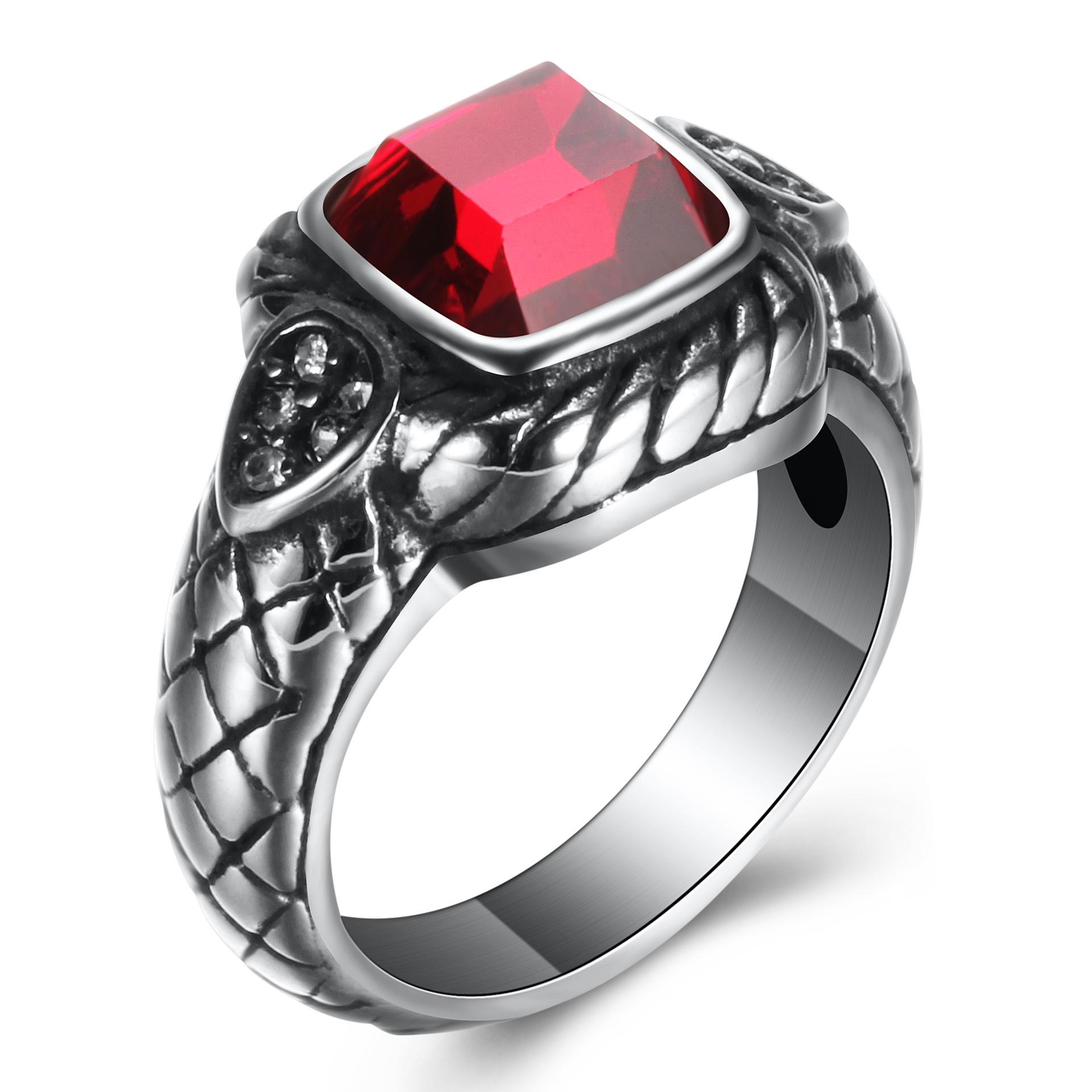 European  American Snake Pattern Red Agate Diamond Titanium Steel Ring - Retro  Bold for Men Size 11