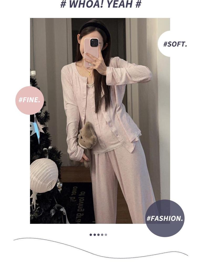 Women's Ins Camisole Three-Piece Set: Long Sleeve Top & Pants | Loose Korean-Style Autumn/Winter Home Wear