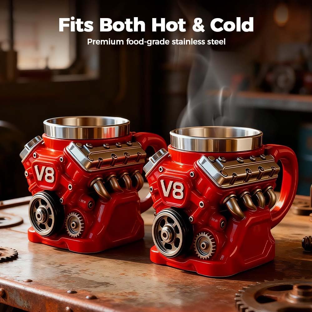 V8 Motor Retro Kaffeetasse Personalisiert Doppelwandige Isolierung Autotasse mit Henkel Perfekt für Vatertag, Weihnachten, Ehemann, Mechaniker, Auto