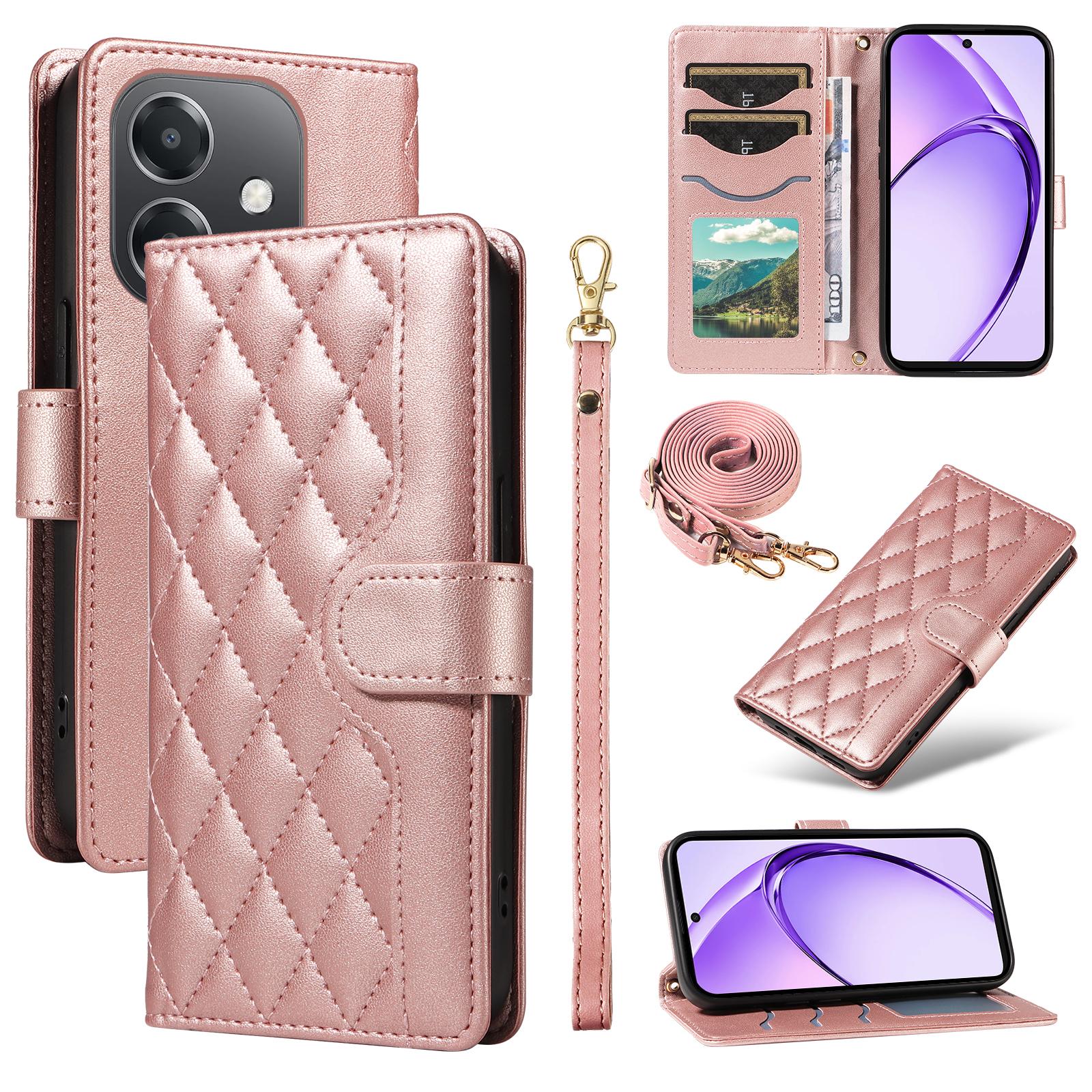 

Для Oppo A5x 5G/A3x 4G/5G (Индия)/A3 4G/5G/A60 5G/A40 4G/A40M 4G Чехол-кошелек из ромбовидной кожи, чехол для телефона с ремешками Rose Gold