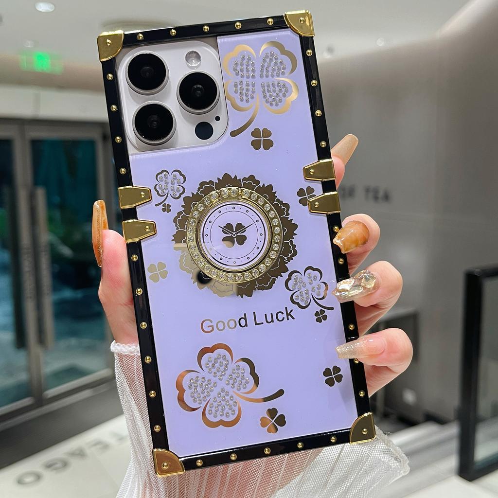 For iPhone 16 Pro Max Case with Kickstand Four Leaf Clover Pattern Electroplating TPU + PC Phone Cover