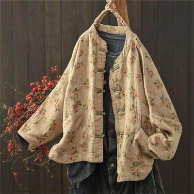 Women Vintage Print Floral Jackets Stand Long Sleeve Autumn Chinese Style Female Jackets