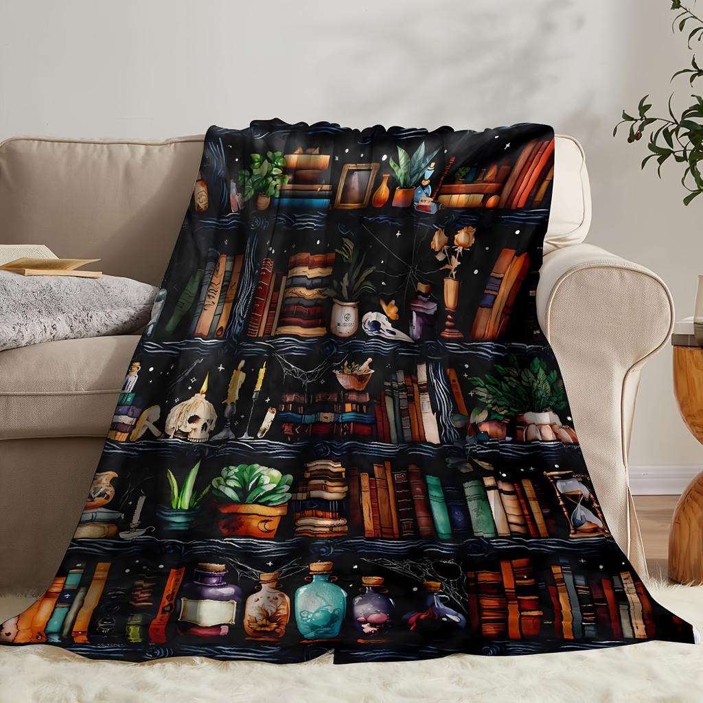 Witchy Bookshelf Flannel Throw Blanket, Magic Book Potion Bottle Skull Plant Print Soft Warm Cozy Blanket for Sofa Bed Home Decor Gift