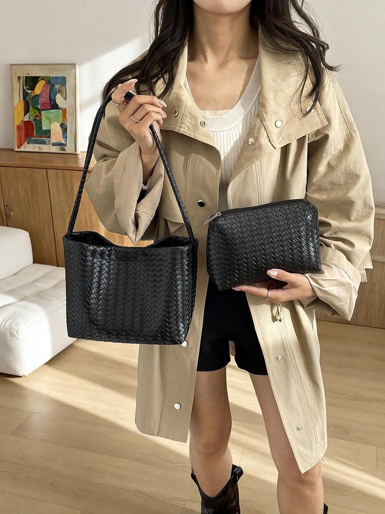 Vintage Cross-Woven Shoulder Tote Bag - Large Capacity, Niche Design Bucket Bag for Women