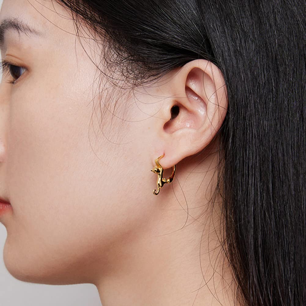 Rockyu Ohrringe für Niedliche Katze Tier Katze 925 Neue Mode Accessoires Breite Damen, Creolen, Ohrringe, Motiv, Ring, Schwingend, Silber, Hypoallergen,