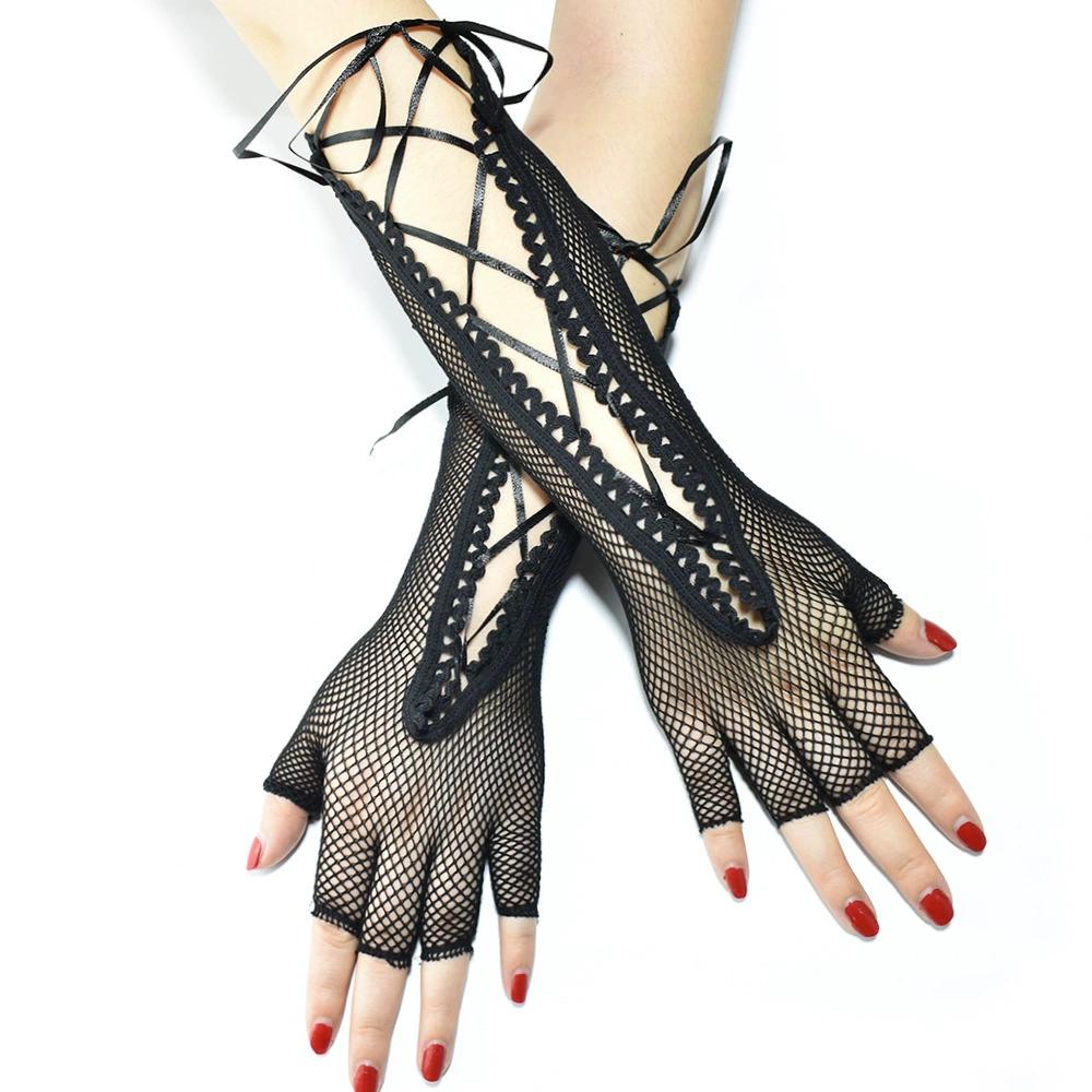 Lolita Strapping Fishnet Long Half-Finger Hand Gloves Cuff Women Men Sexy Mesh Black Punk Outdoor Stretchy Mittens