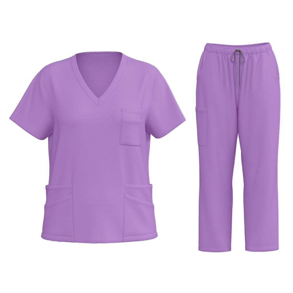 Women's Fashion Short Sleeve V Neck Pattern Tops Pocket Working Set