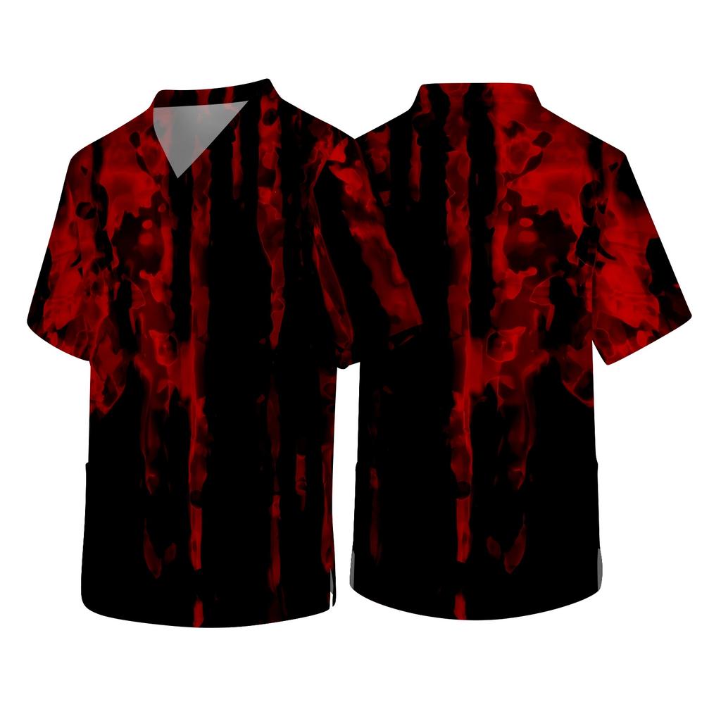 Men's Short Sleeve V Neck Halloween Print Pocket Scrub Top Lightweight Comfortable Fit Medical Uniform Shirt for Healthcare Professionals