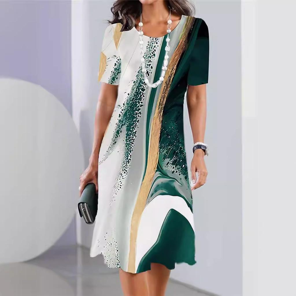 Nouvelle Robe Femme Mode Polyvalente Décontractée Ample Grand Col Rond Manches Courtes