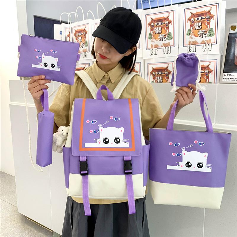 School Bag Academy's New Three Four Five Six Primary School Students Five-piece Backpack Cute Cat Print Middle School Student Schoolbag