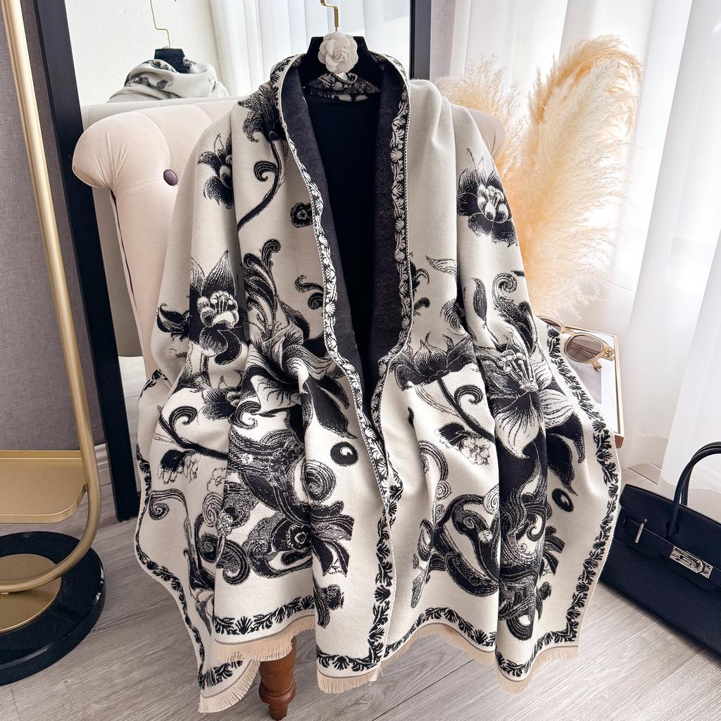 Autumn Winter Elegant Floral Design Scarf Imitation Cashmere Soft Warm Versatile Shawl Coldproof Windproof Blanket