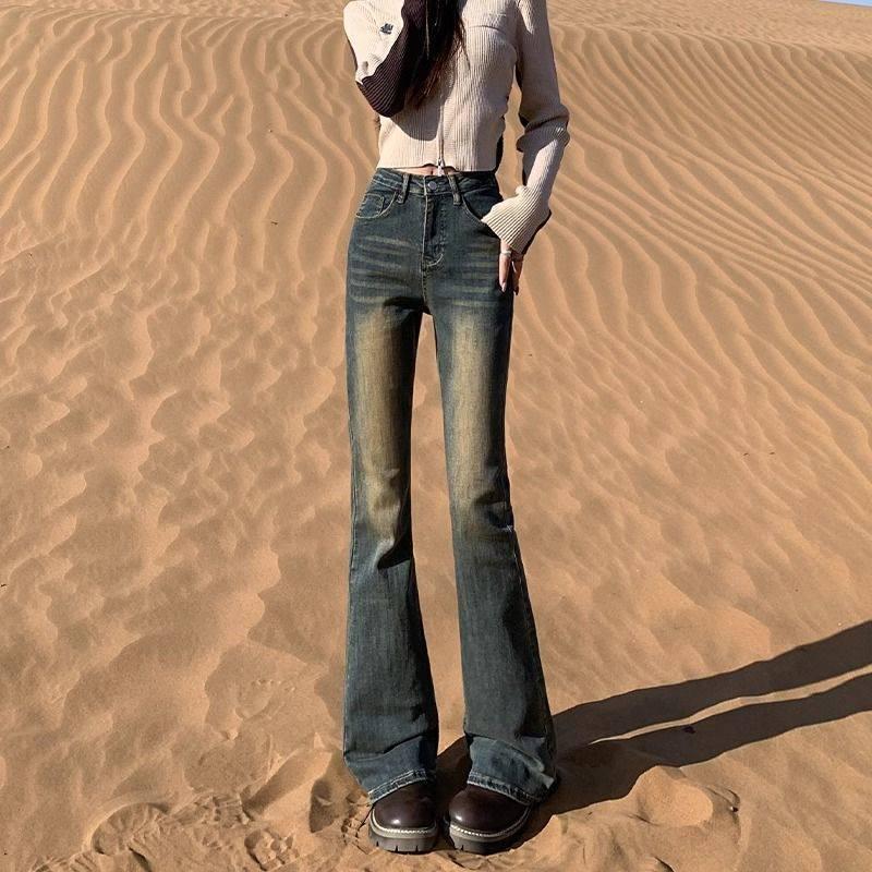 Cement Grey Retro High-Waisted Micro-Flare Jeans for Petite Women Small