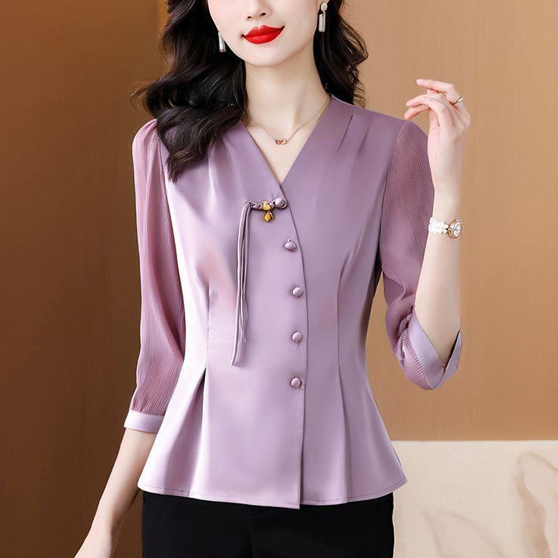 Women's Spring Autumn Burgundy V-neck Sleeve Button Down Blouse Elegant Top