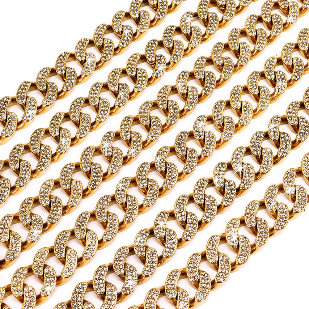 Strong Metal Dog Chain Collars Shiny Diamond Stainless Steel Necklace French Bulldog Training Collar Strap Gold for Big Dogs