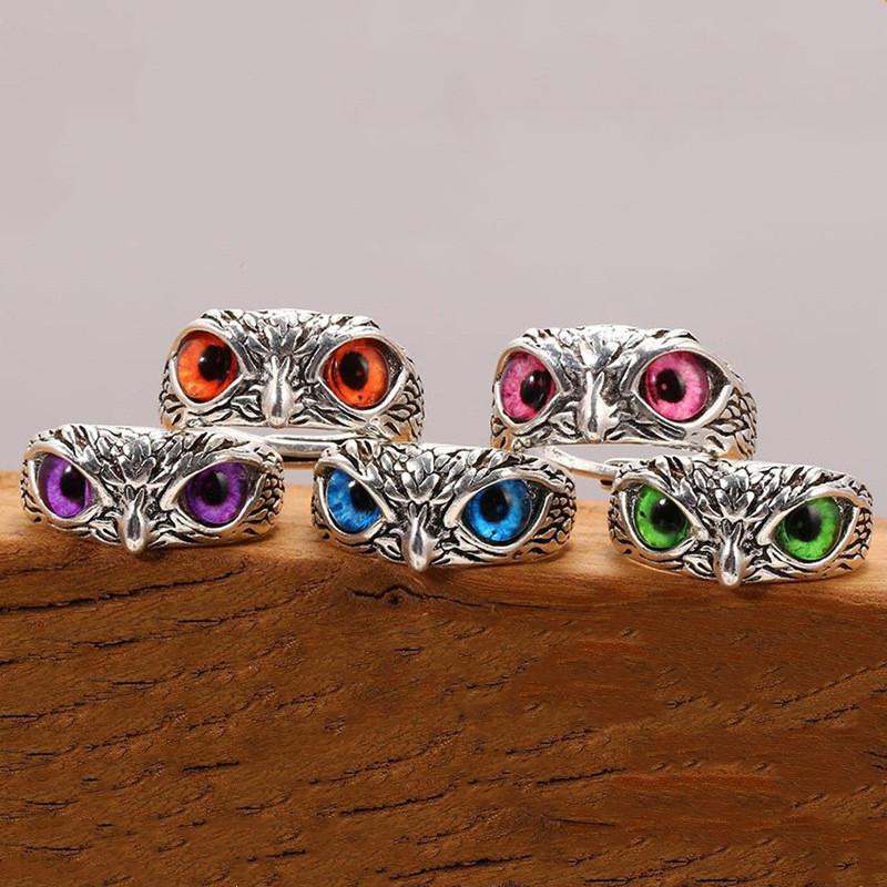 Adjustable Vintage Owl Ring Men Women Retro Colorful Eyes Ring