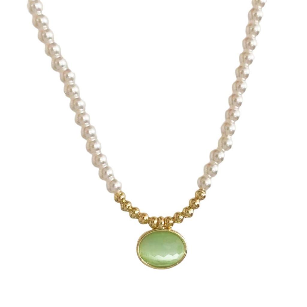 Elegant French Green Oval Cat's Eye Pearl Necklace - Versatile Fashion Statement Clavicle Chain