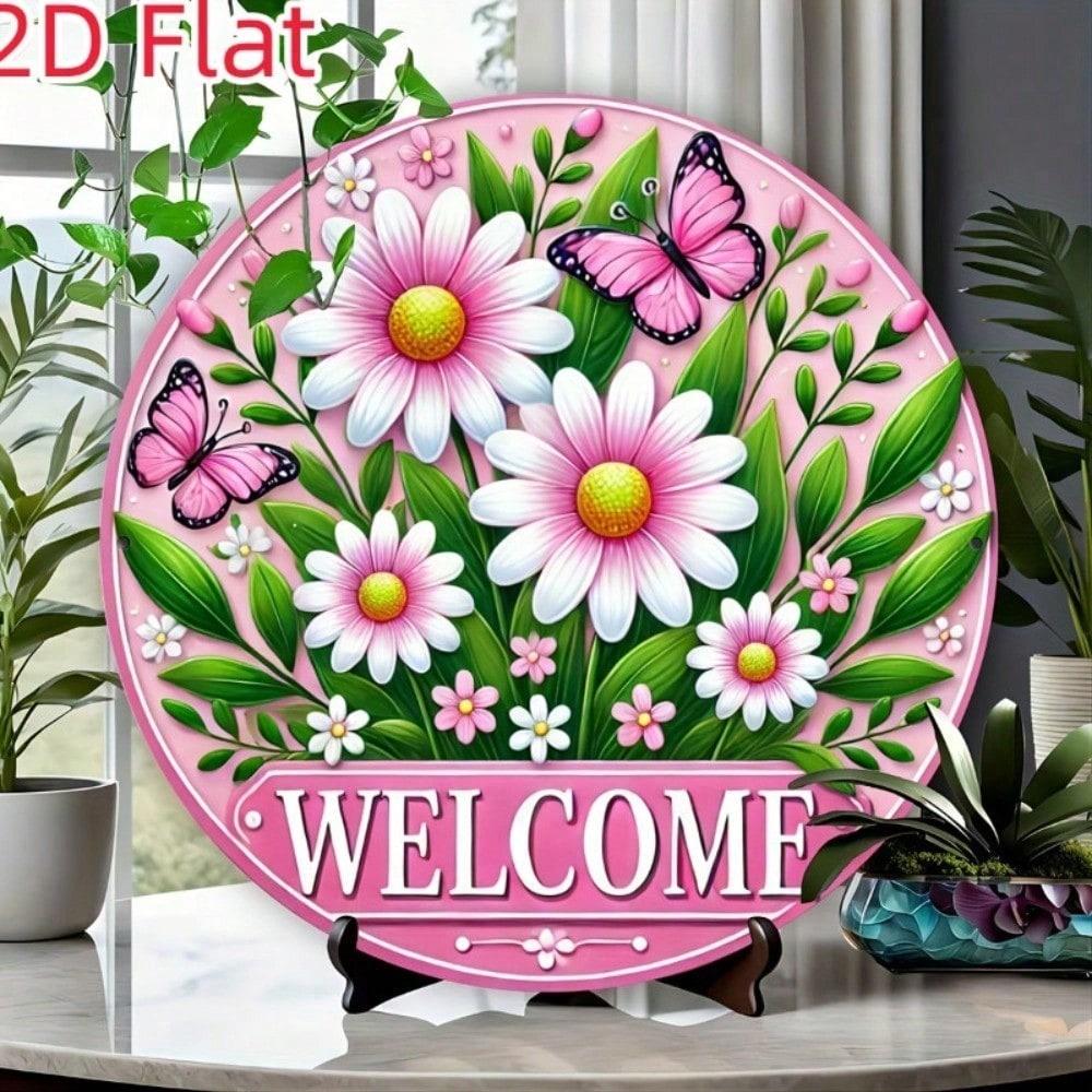 Pink Daisy Butterfly Round Metal Wall Art Decor 8x8 Farmhouse Garden Hanging Plaque