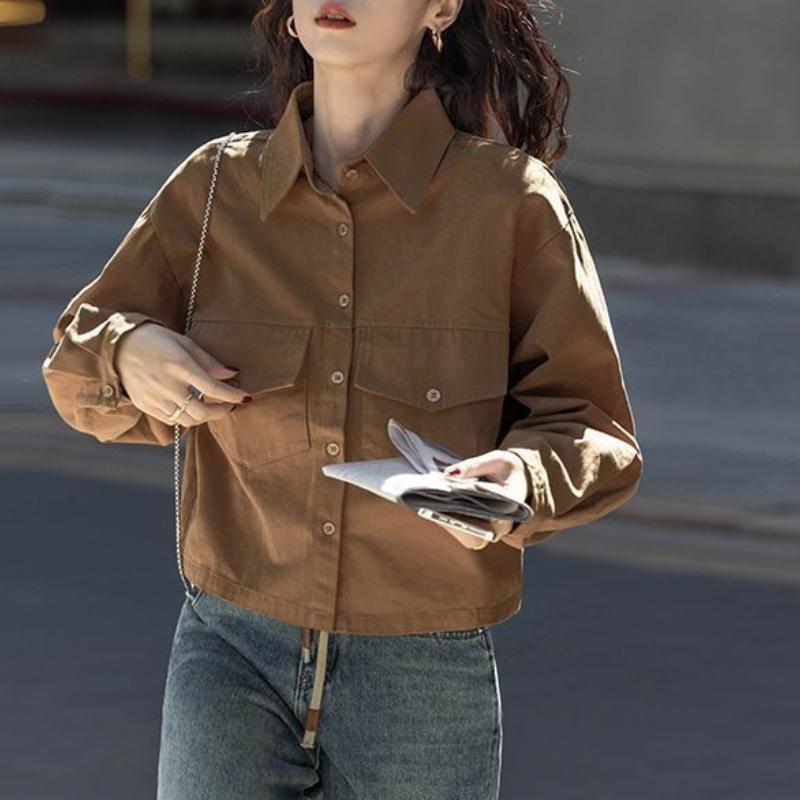Women's Spring and Autumn Jacket Designer Style Hong Kong-Inspired Retro Long Sleeve Short Solid Color Shirt Top