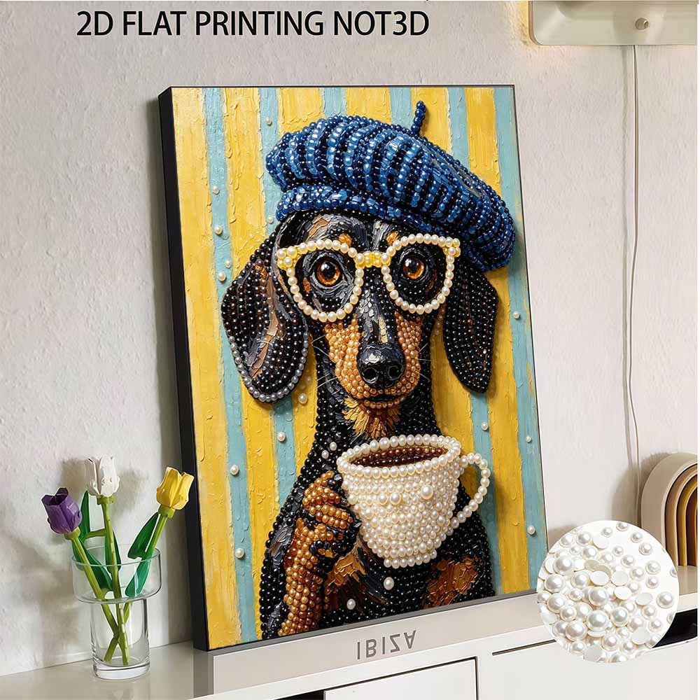 Kreatives DIY-Rahmen-Perlenkunst-Set mit Dackel-Kaffee-Muster Funkelnde Perlenleinwand Fertig zum Aufhängen Entspannendes Geschenk für Erwachsene Kunsthandwerk