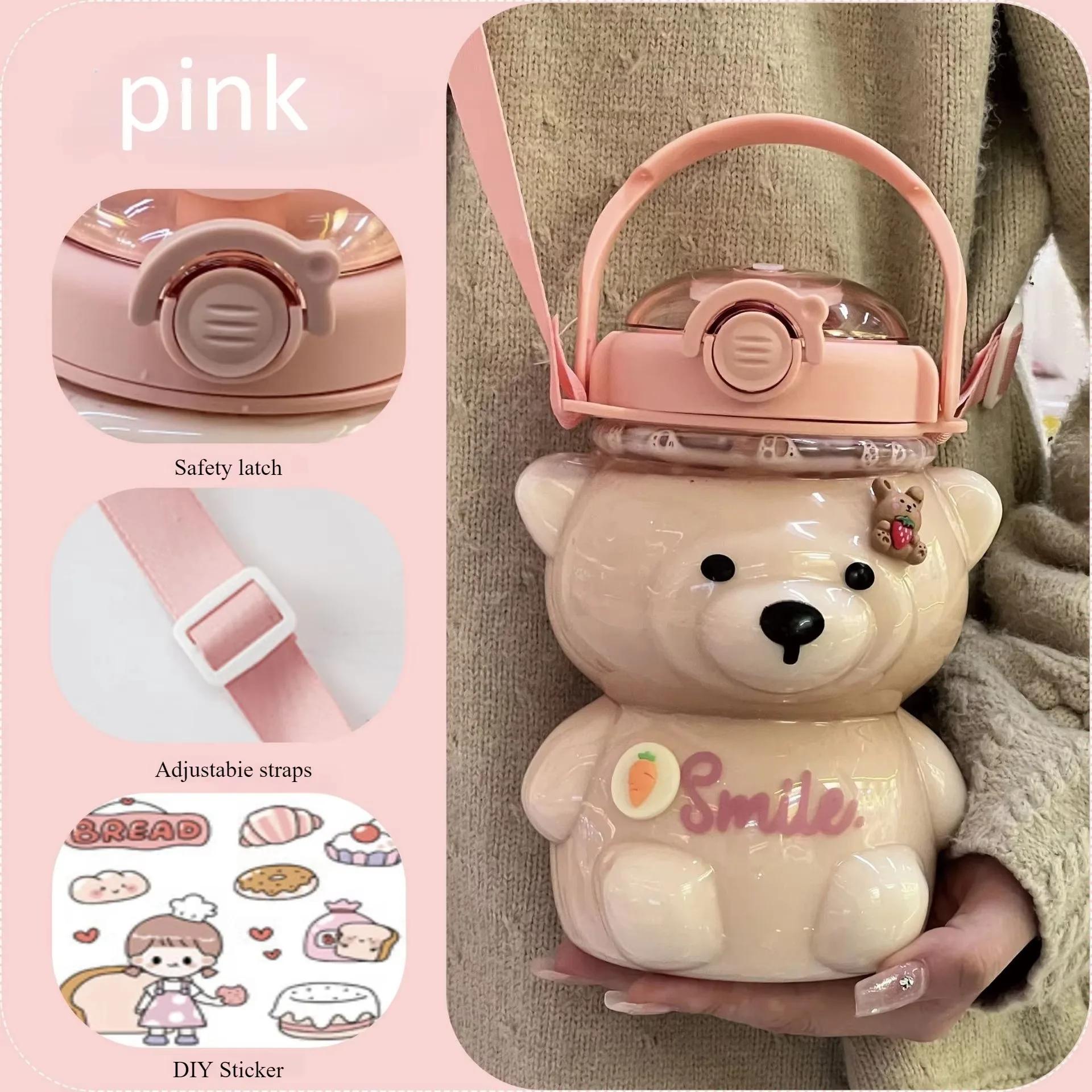 

Cute teddy bears 1000ML straw Water Bottle Portable Sport Water Bottle-For Kids And adults straw cup water bottles 901-1000ml розовый
