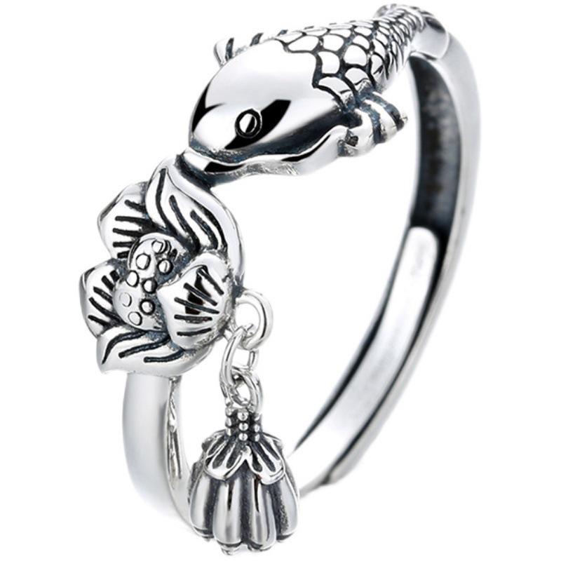 Lucky Koi Silver Adjustable Ring - Women's 925 Sterling Retro Ethnic Style with Lotus Pod and Fish Design for Abundance