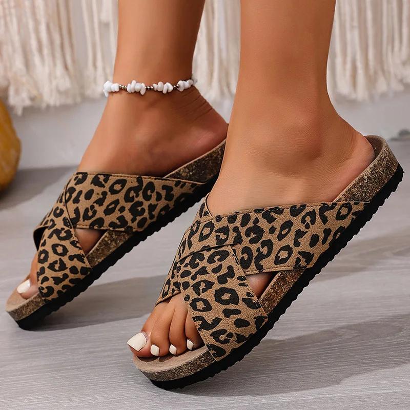 Fashion Leopard Flat Slippers for Women Plus Size Cross Band Light Platform Slippers Woman 2025 Summer Comfort Non Slip Beach Shoes